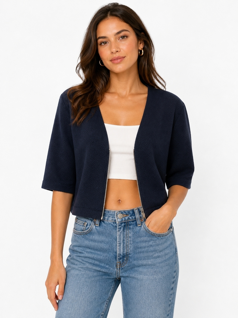 Perceptions Navy Cropped Open-Front Short Sleeve Cardigan